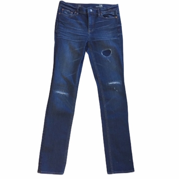 J. crew Reid Patched Cone Denim Skinny Straight Jeans Dark Blue Distressed 28 - Picture 2 of 10